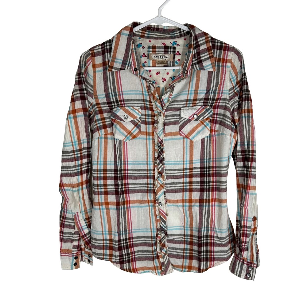 Arizona Jean Co Womens Plaid Ruffle Snap Front Western Shirt White Orange Medium